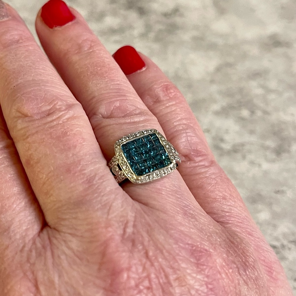 New Genuine 1.20ctw 67 Blue & White Diamonds 14k White Gold Size: 7.5!